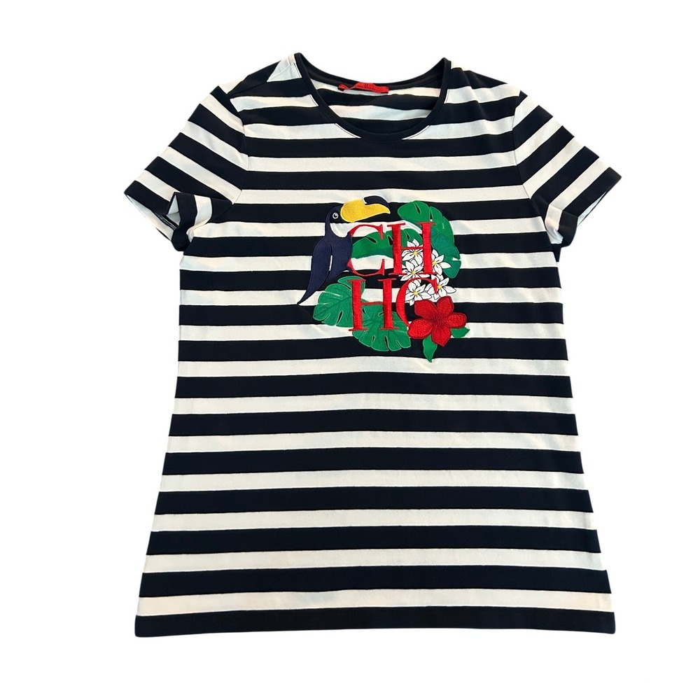 Carolina Herrera Toucan Tropical Stripe T-Shirt Navy White XS (1237)